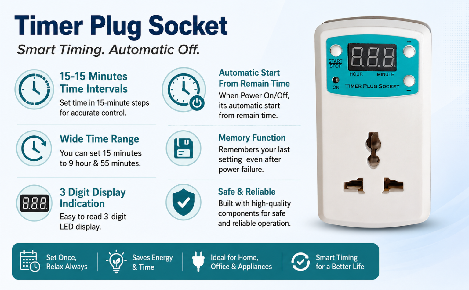 6A, 220-230 VAC, Timer Plug Socket for Automatic Off, Over Charge ...